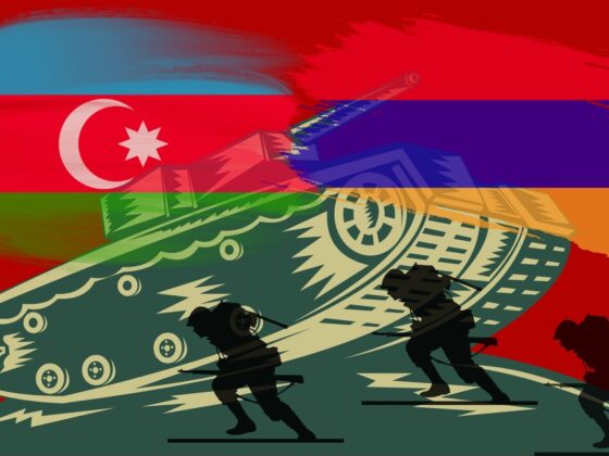 Flags of Azerbaijan and Armenia with a tank and soulders under them