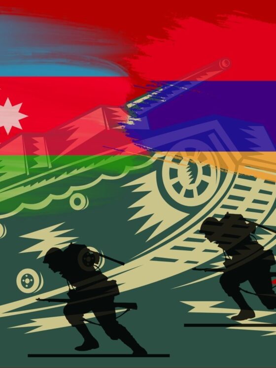 Flags of Azerbaijan and Armenia with a tank and soulders under them