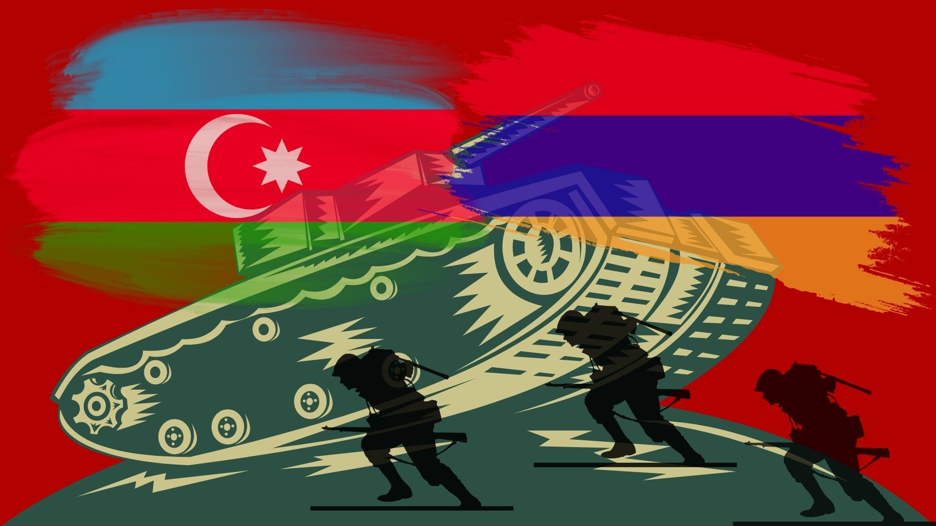 Flags of Azerbaijan and Armenia with a tank and soulders under them