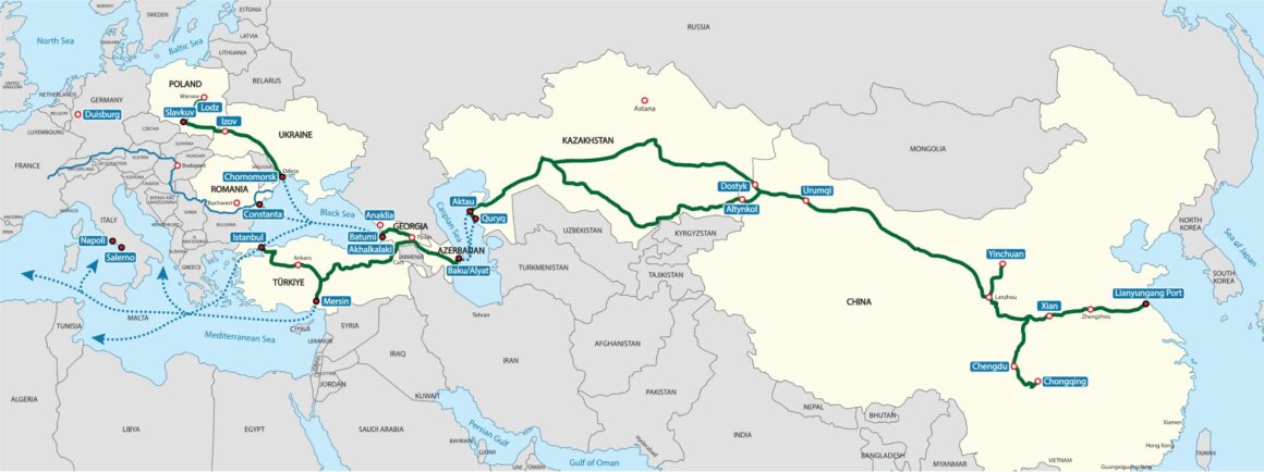 Map of the Trans-Caspian International Transport Route Tanvir Anjum Adib, CC BY-SA 4.0 , via Wikimedia Commons /Cropped from original, https://commons.wikimedia.org/wiki/File:Middle_Corridor_Route.svg