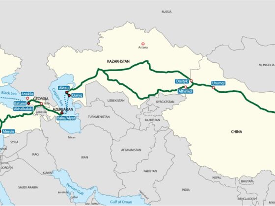 Map of the Trans-Caspian International Transport Route Tanvir Anjum Adib, CC BY-SA 4.0 , via Wikimedia Commons /Cropped from original, https://commons.wikimedia.org/wiki/File:Middle_Corridor_Route.svg