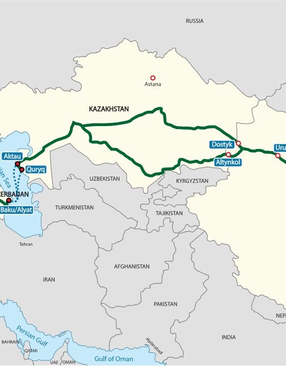 Map of the Trans-Caspian International Transport Route Tanvir Anjum Adib, CC BY-SA 4.0 , via Wikimedia Commons /Cropped from original, https://commons.wikimedia.org/wiki/File:Middle_Corridor_Route.svg